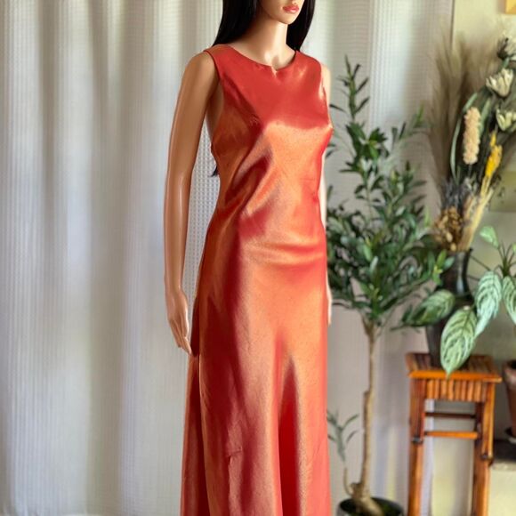Vintage 90s Let’s Fashion Iridescent Orange Rosette Gown Open Back Dress Size L - Picture 2 of 15
